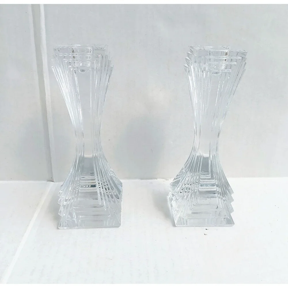 Mikasa Lead Crystal Pair Of Candle Holders-City Lights-Czech Glass-Art Deco